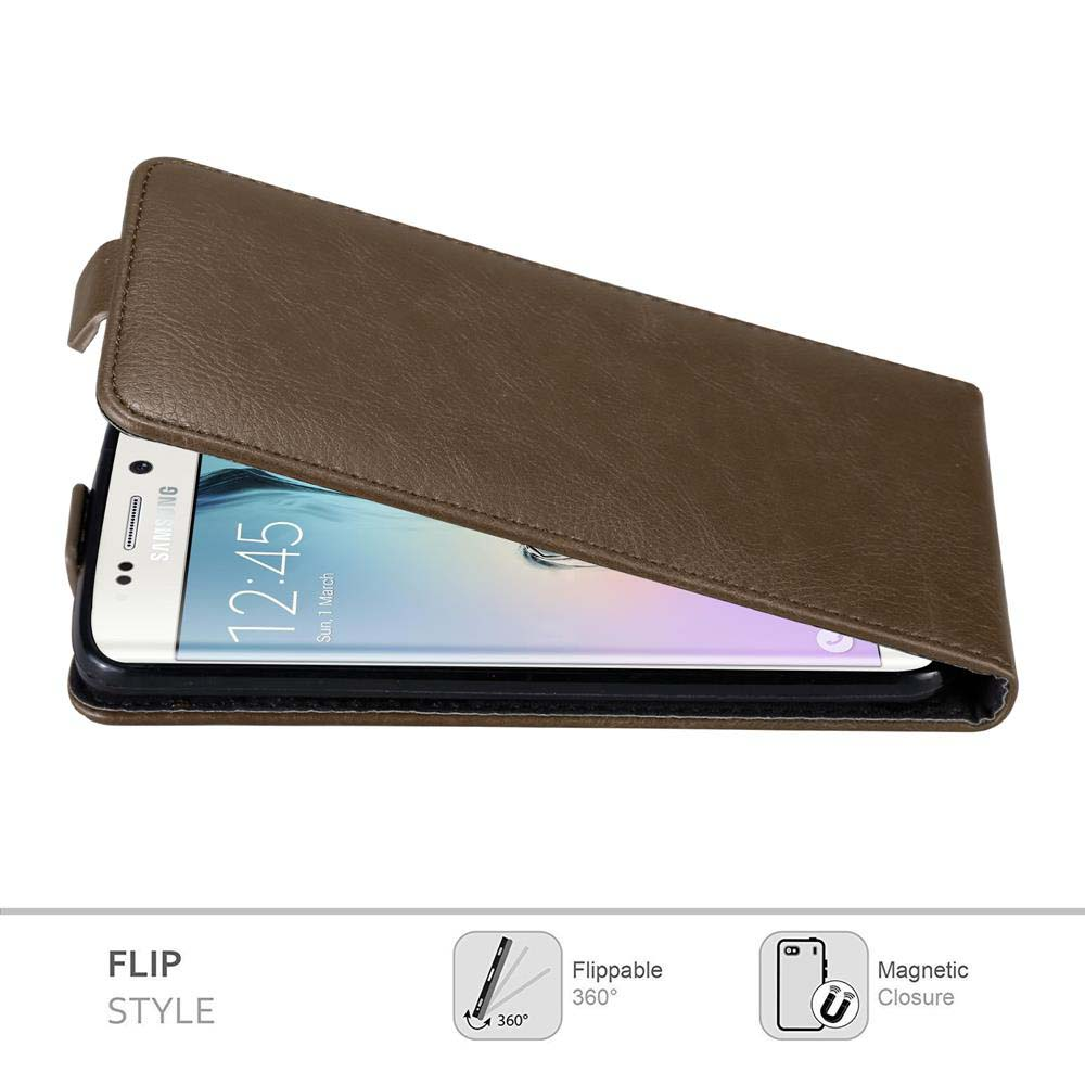 Una custodia per telefono marrone a libro è aperta, rivelando un telefono che mostra le 12:45. Le icone mostrano ribaltabile a 360° e chiusura magnetica.