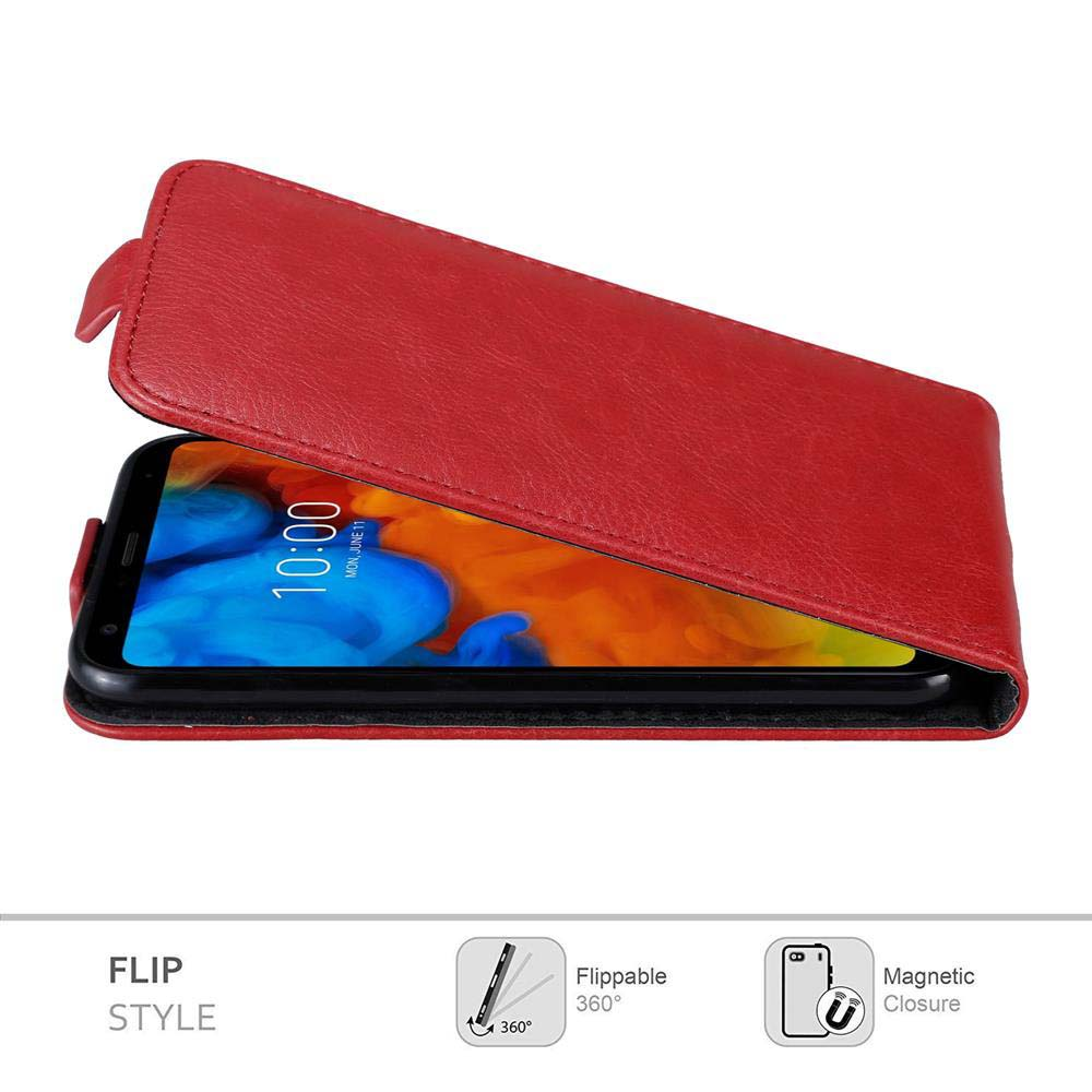 Una custodia per telefono rossa a libro aperta, che rivela il telefono all'interno. L'immagine enfatizza la sua chiusura ribaltabile e magnetica.