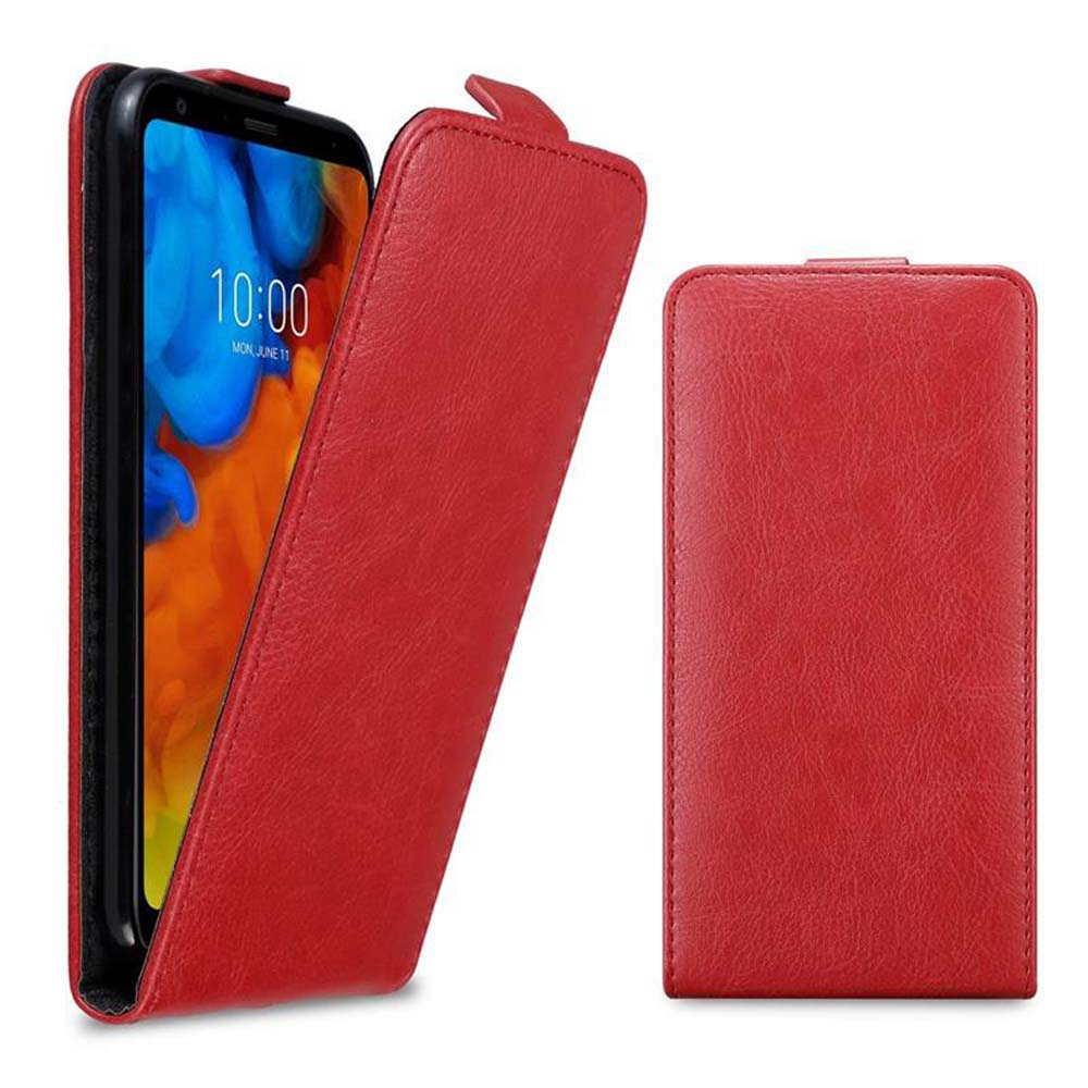 Custodia rossa aperta, mostra telefono con schermo colorato. Altra custodia chiusa.
