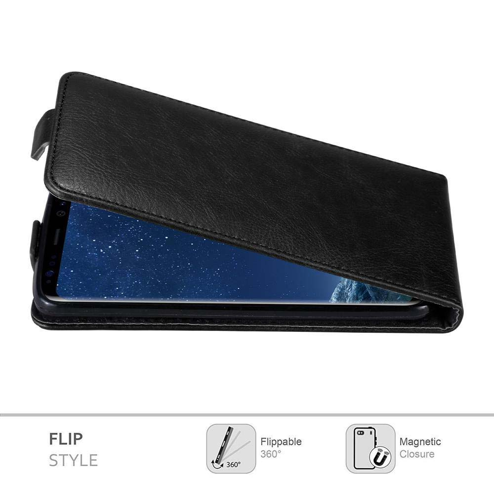 Schwarze Klapp-Handyhülle, geöffnet, mit Telefon darin.
