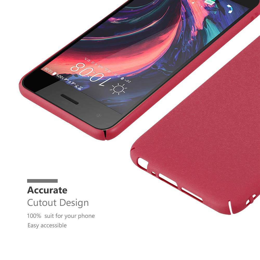 Rotes Telefon und Hülle. Text: Genaue Aussparungsdesign. 100% passend für Ihr Telefon. Einfacher Zugriff.