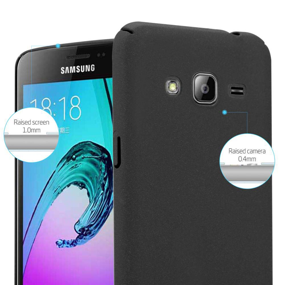 Custodia nera per telefono con smartphone. Lo schermo mostra l'ora. Fotocamera visibile.