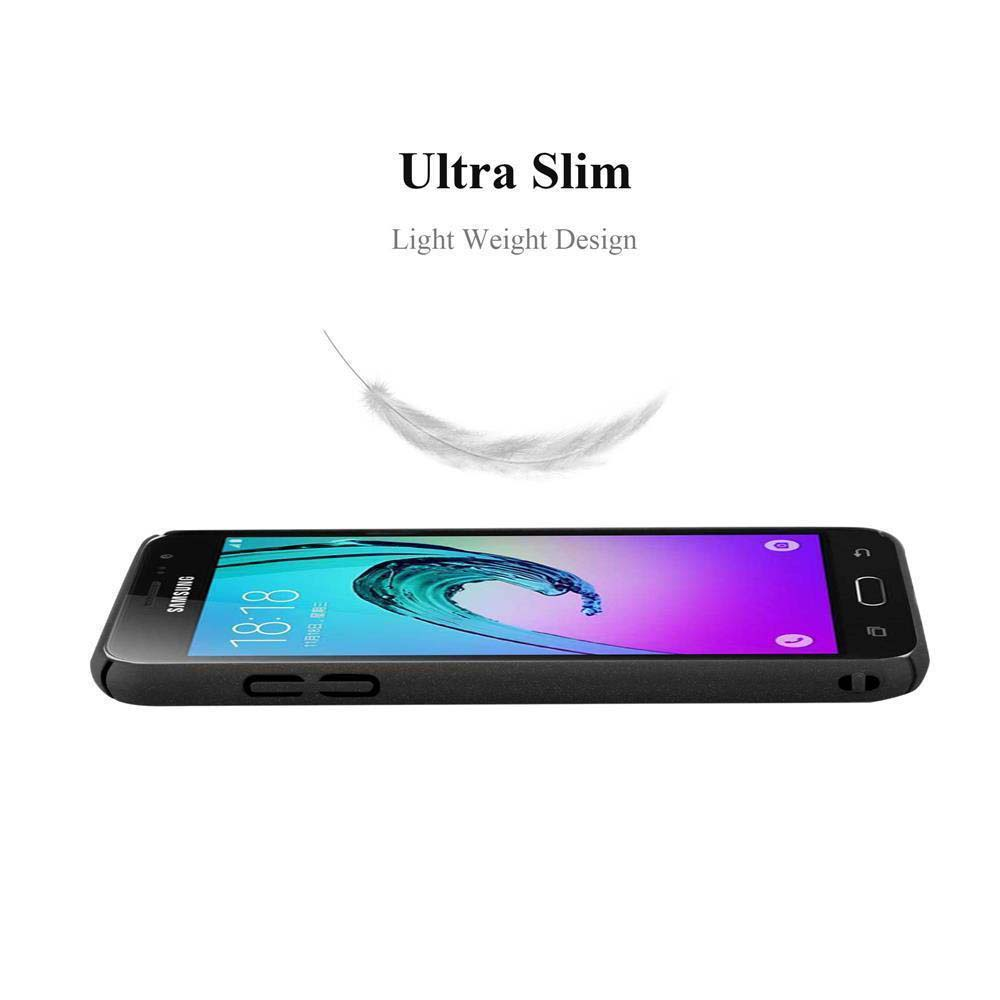 Custodia nera con telefono. Testo 'Ultra Slim' e piuma su sfondo bianco.