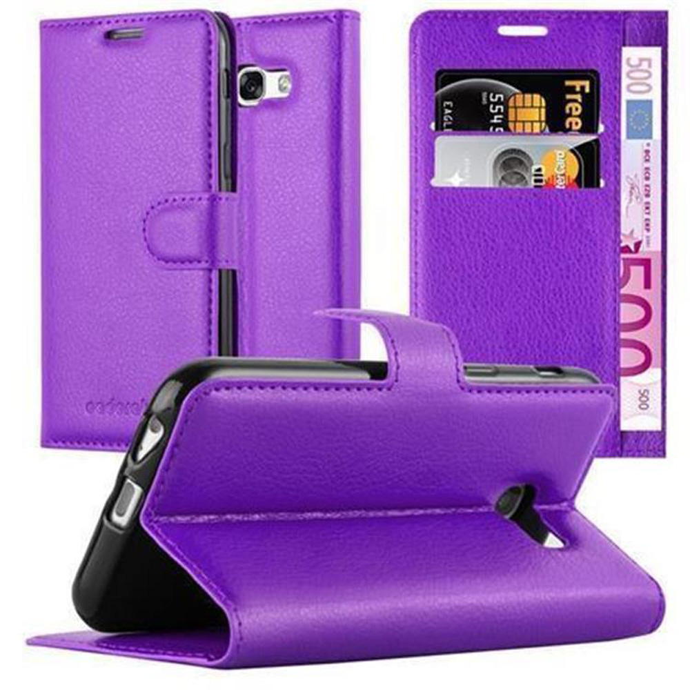 Lila Handyhülle mit schwarzem Handy. Mit Kartenfächern und einem 500-Euro-Schein.