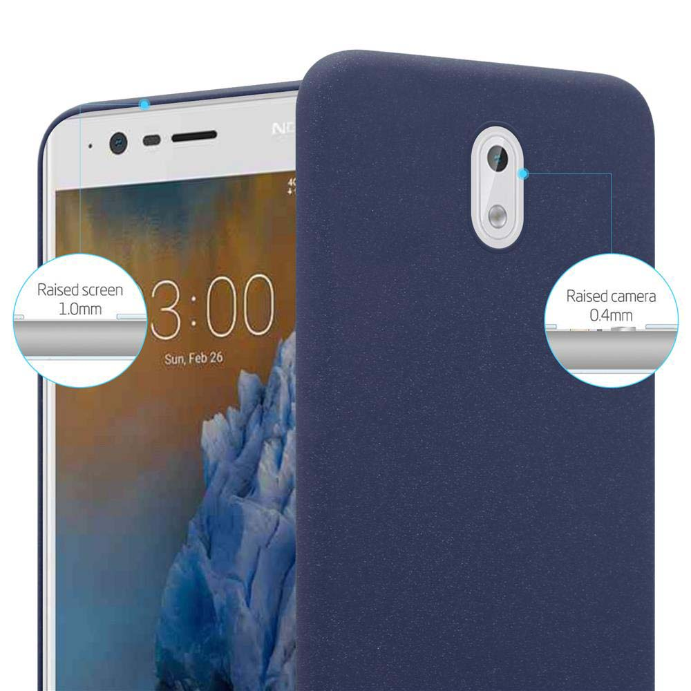 Blaues Telefon und Hülle mit Anmerkungen. Erhöhter Bildschirm und Kamera.