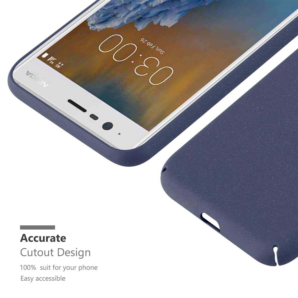 Telefon und marinefarbene Hülle mit Text 'Accurate Cutout Design' und ein Telefon darin.