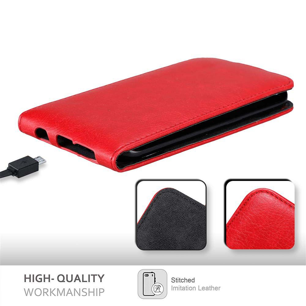Eine rote Handyhülle mit einem Telefon darin und zwei kleinere Detailbilder.