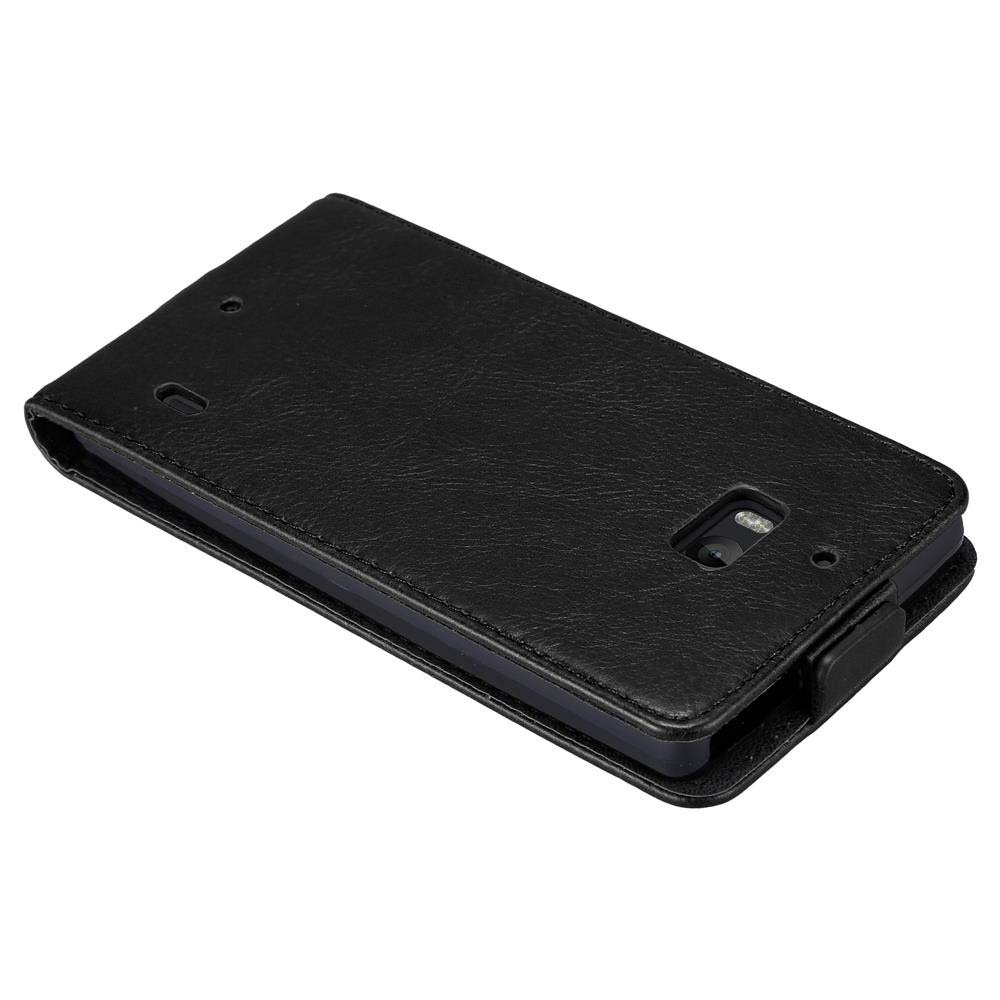 Schwarze Handyhülle, leicht geöffnet, zeigt das Telefon. Die Hülle ist auf weißem Hintergrund.