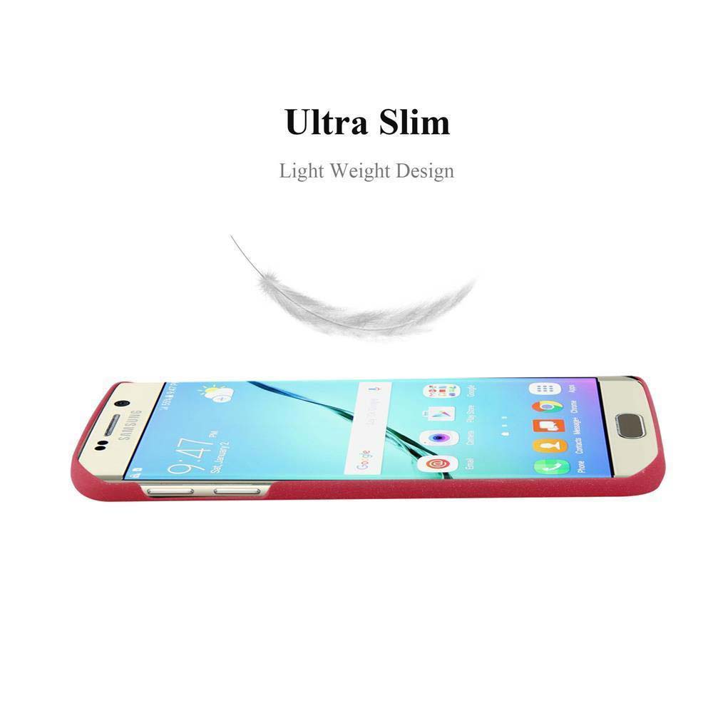 Rote Handyhülle auf einem Samsung-Telefon, ultraflaches Design. Weißer Hintergrund mit Federgrafik.