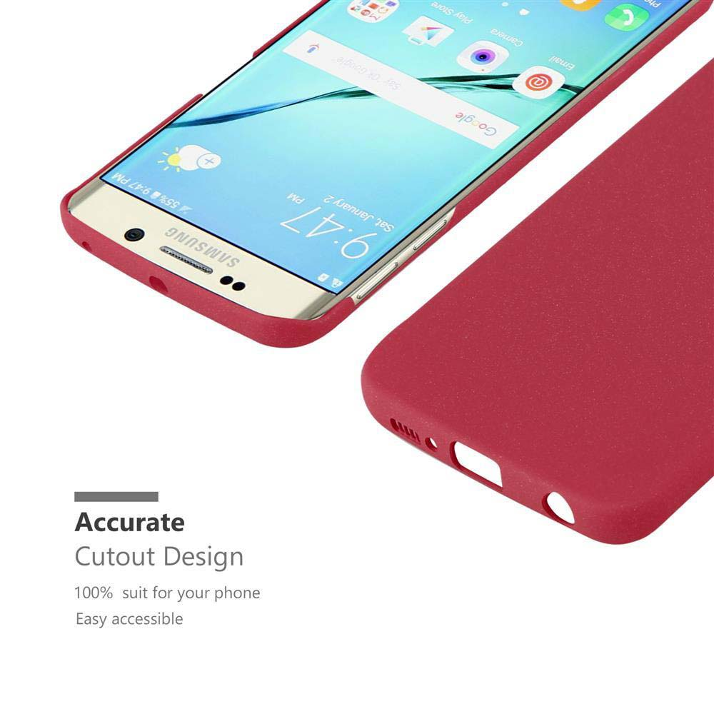 Rote Handyhülle auf dem Telefon. Weißer Hintergrund. Text: Präzises Ausschnittdesign.