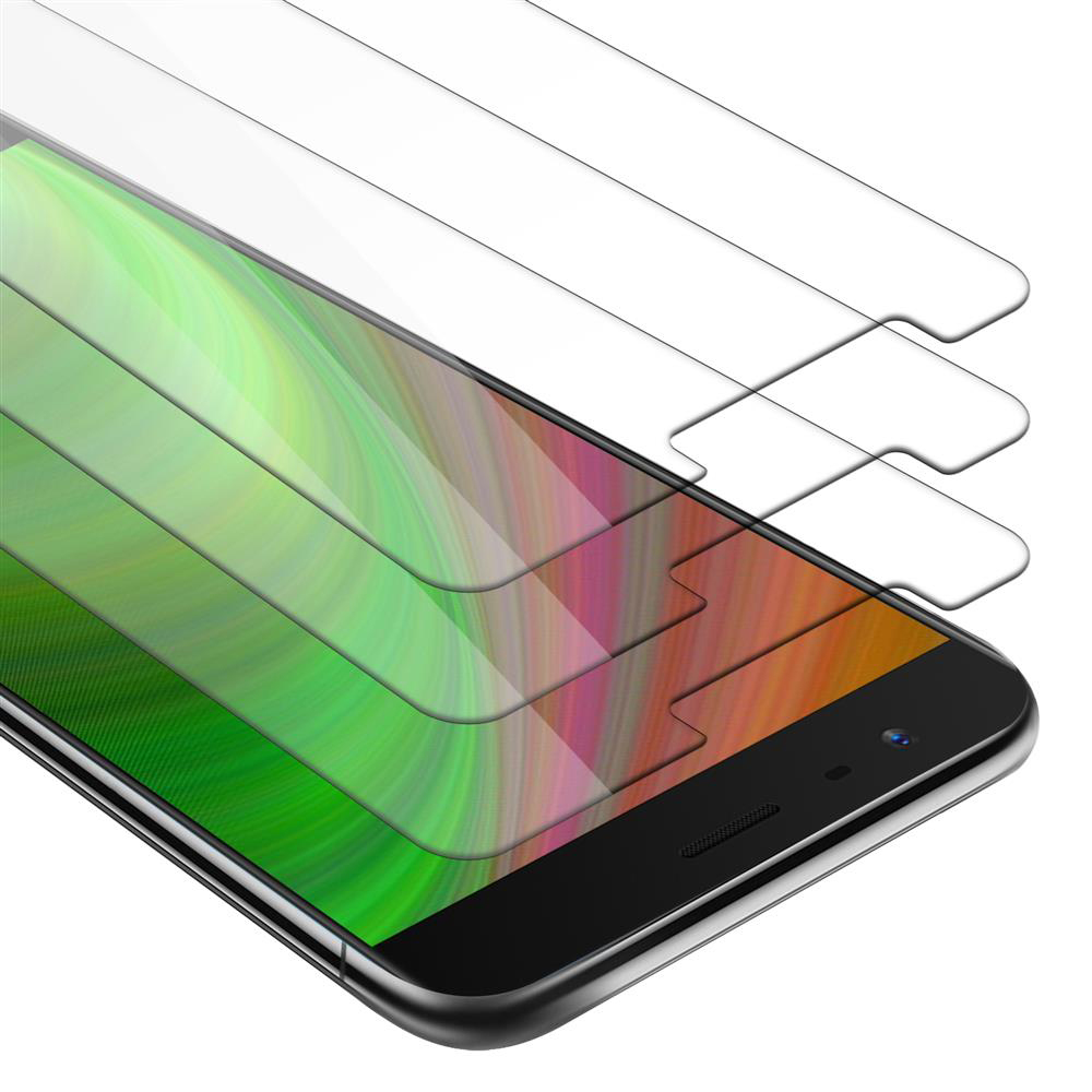 Protezioni schermo per telefono impilate, primo piano. Lo schermo mostra uno sfondo colorato. Sfondo bianco.