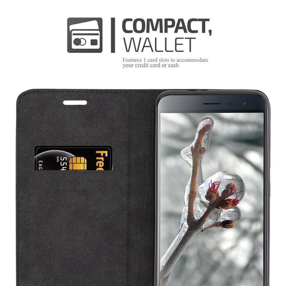 Custodia per telefono nera aperta, che mostra una carta di credito. Il testo dice 'Compact, Wallet' e mostra uno slot per schede.