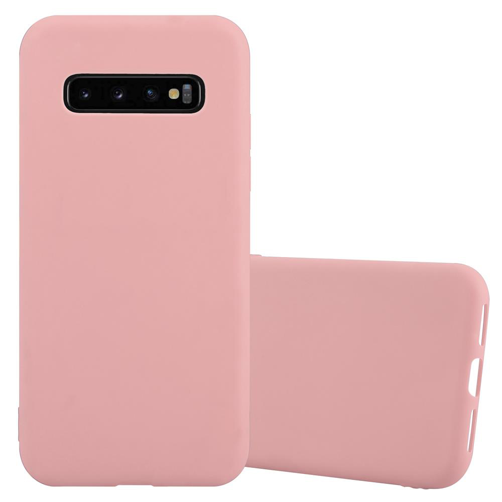 Zwei hellrosa Handyhüllen, eine flach und eine mit Telefon, auf weißem Hintergrund.