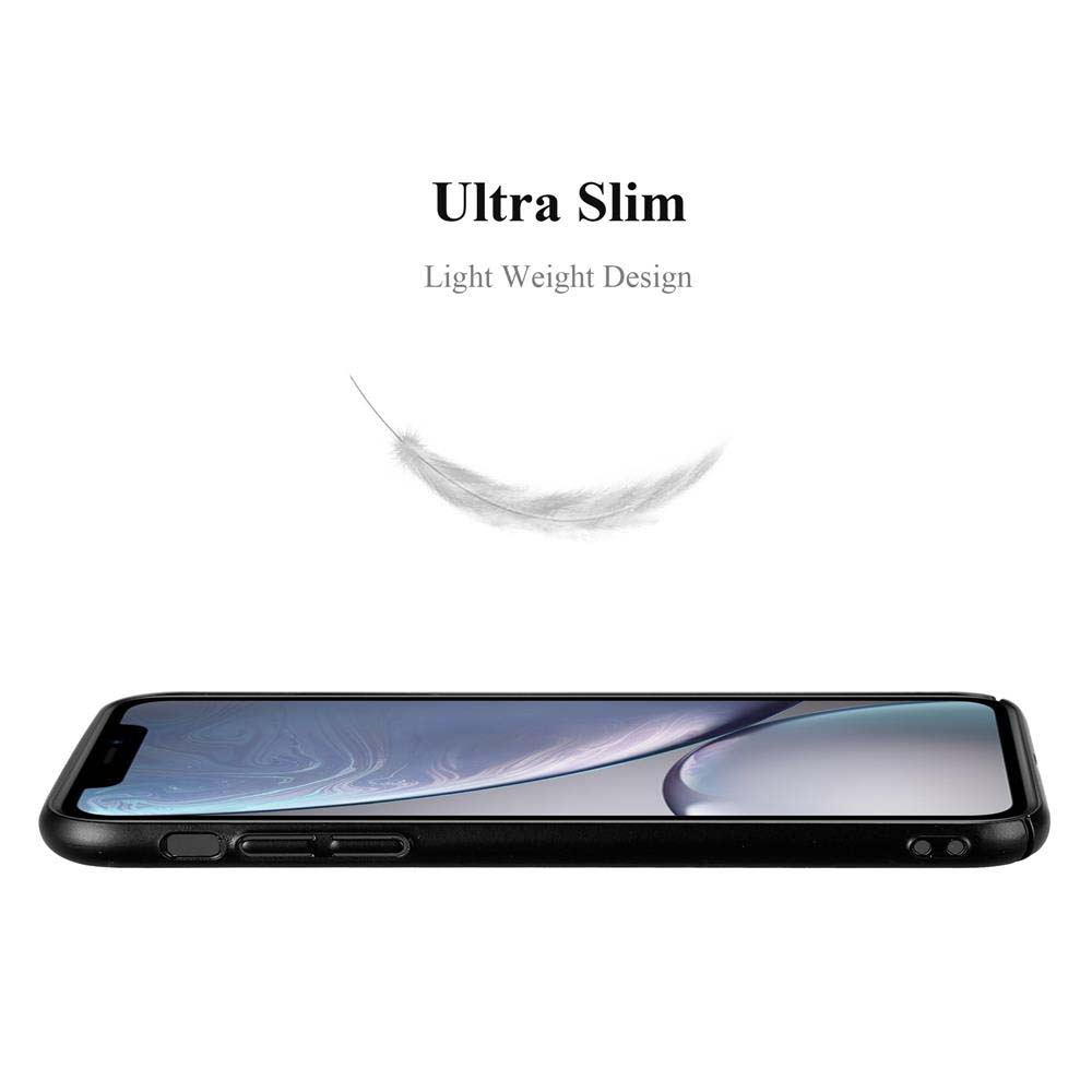 Un telefono nero su una superficie bianca. Una piuma bianca fluttua sopra. Testo: Ultra Slim, Light Weight Design.