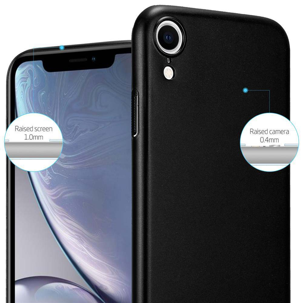 Custodia nera per telefono. Ha schermo e fotocamera rialzati. La custodia è nera e copre il telefono.