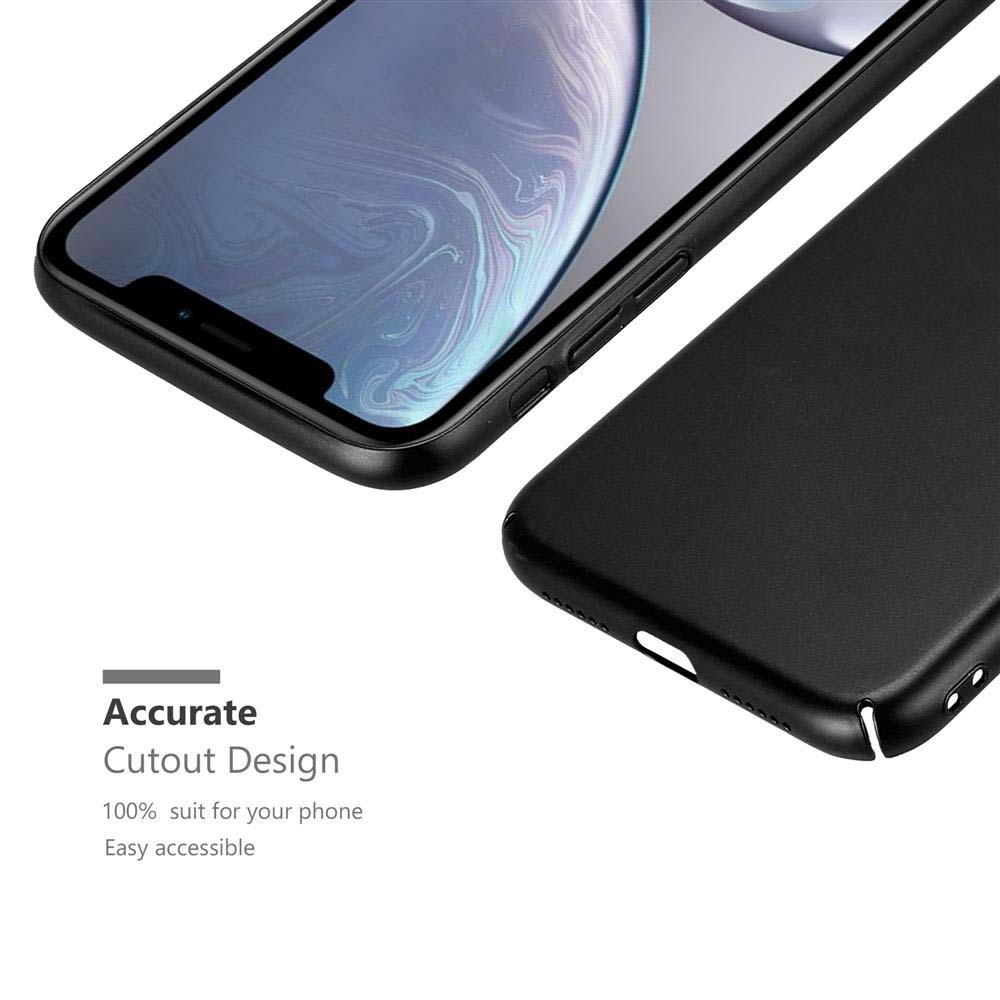 Telefono con cornice nera. Il testo dice: Design preciso del ritaglio, adatto al 100% per il tuo telefono. Facilmente accessibile.