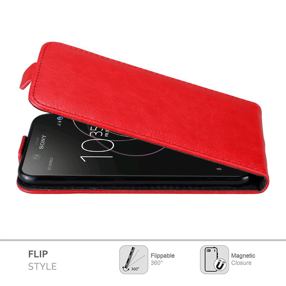 Custodia a libro rossa, aperta. Schermo del telefono mostra l'ora. Testo: Flip Style, ribaltabile, chiusura magnetica.