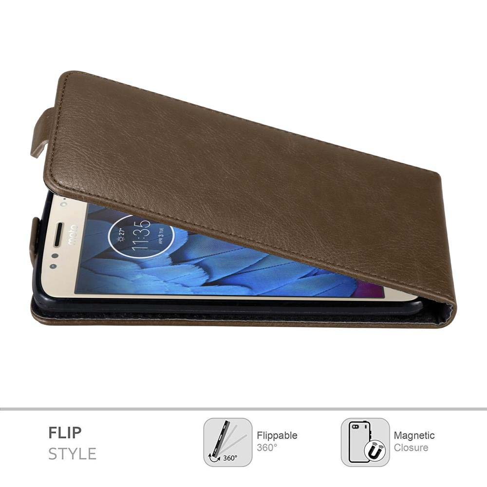 Custodia in pelle marrone con telefono all'interno. Aperta e angolata. Testo 'FLIP STYLE'.