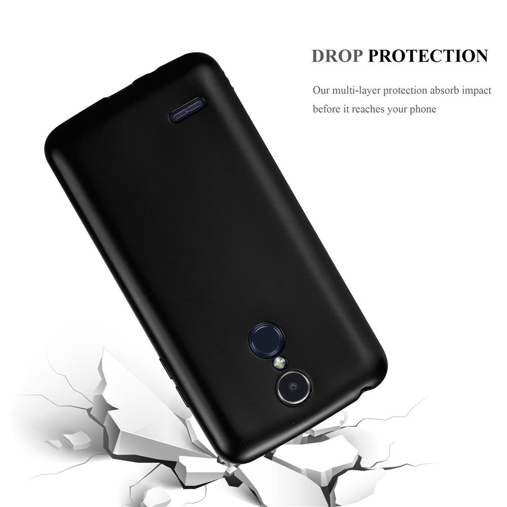 Una custodia per telefono con un telefono che cade su una superficie incrinata. Testo: DROP PROTECTION.