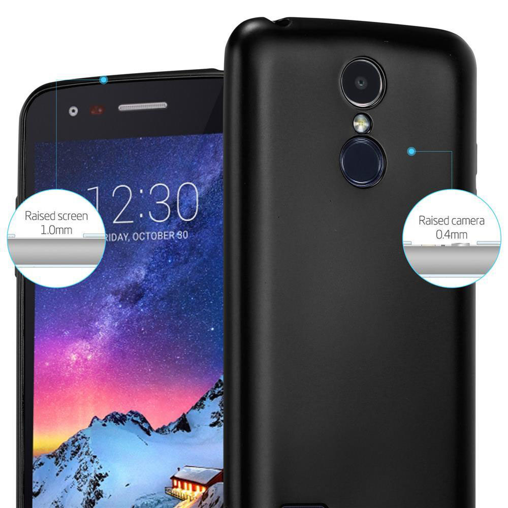 Telefono nero con schermo e fotocamera rialzati. Mostra le 12:30 e la data. Custodia nera.