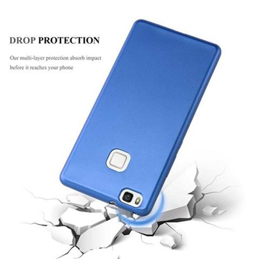 Blaue Handyhülle auf zerbrochener weißer Oberfläche. Text sagt 'DROP PROTECTION'.