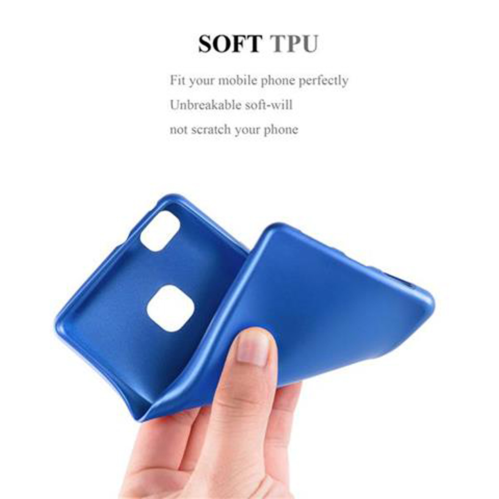 Blaue Handyhülle in einer Hand. Text 'SOFT TPU' auf weißem Hintergrund.