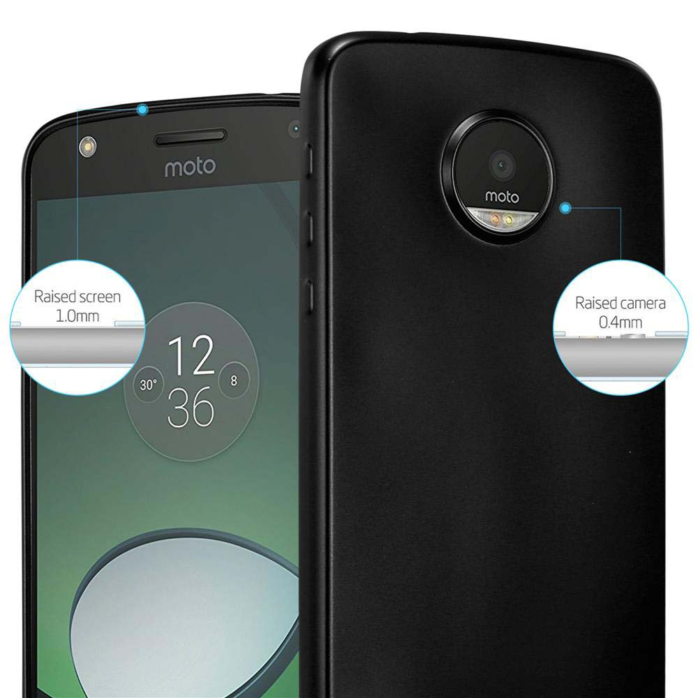 Due telefoni in custodie nere. Le custodie hanno una protezione rialzata per schermo e fotocamera. Logo Moto visibile.