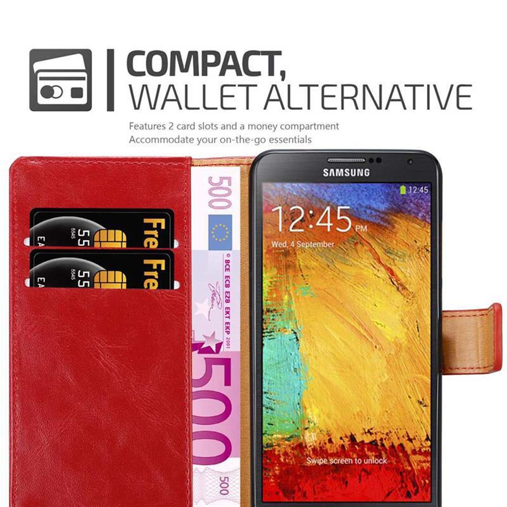 Funda de cartera roja abierta, mostrando tarjetas de crédito, dinero y pantalla del teléfono. El fondo es blanco.