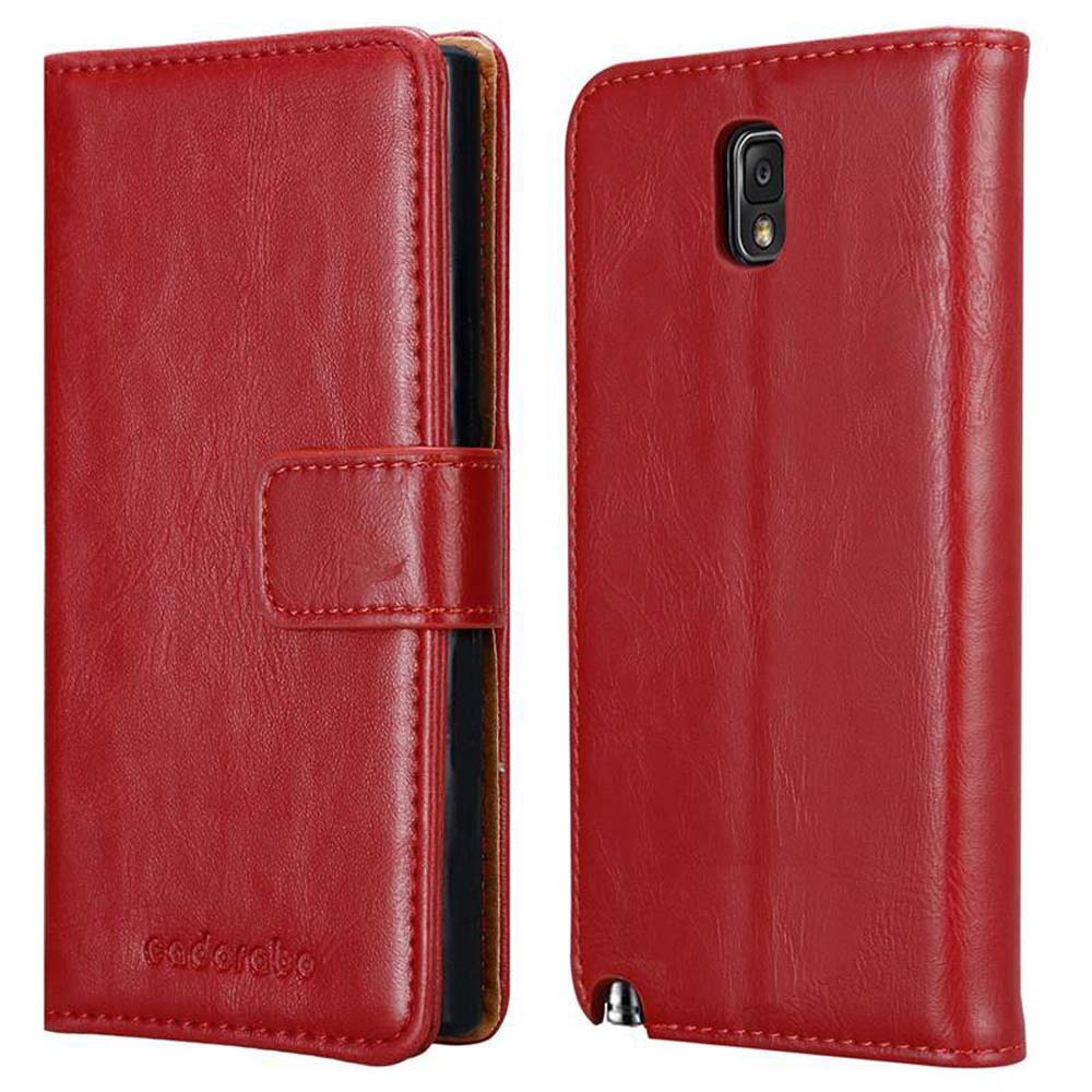 Funda de teléfono de cuero rojo, cerrada y abierta, mostrando el forro interior.