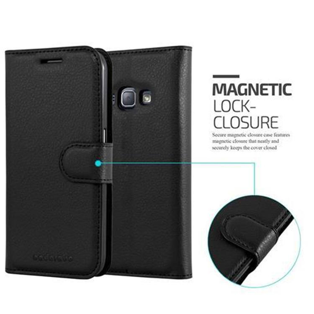 Eine schwarze Handyhülle, die Vorder- und Rückseite zeigt, mit einem magnetischen Verschlussdetail. Text hebt die Magnetverschlussfunktionen hervor.