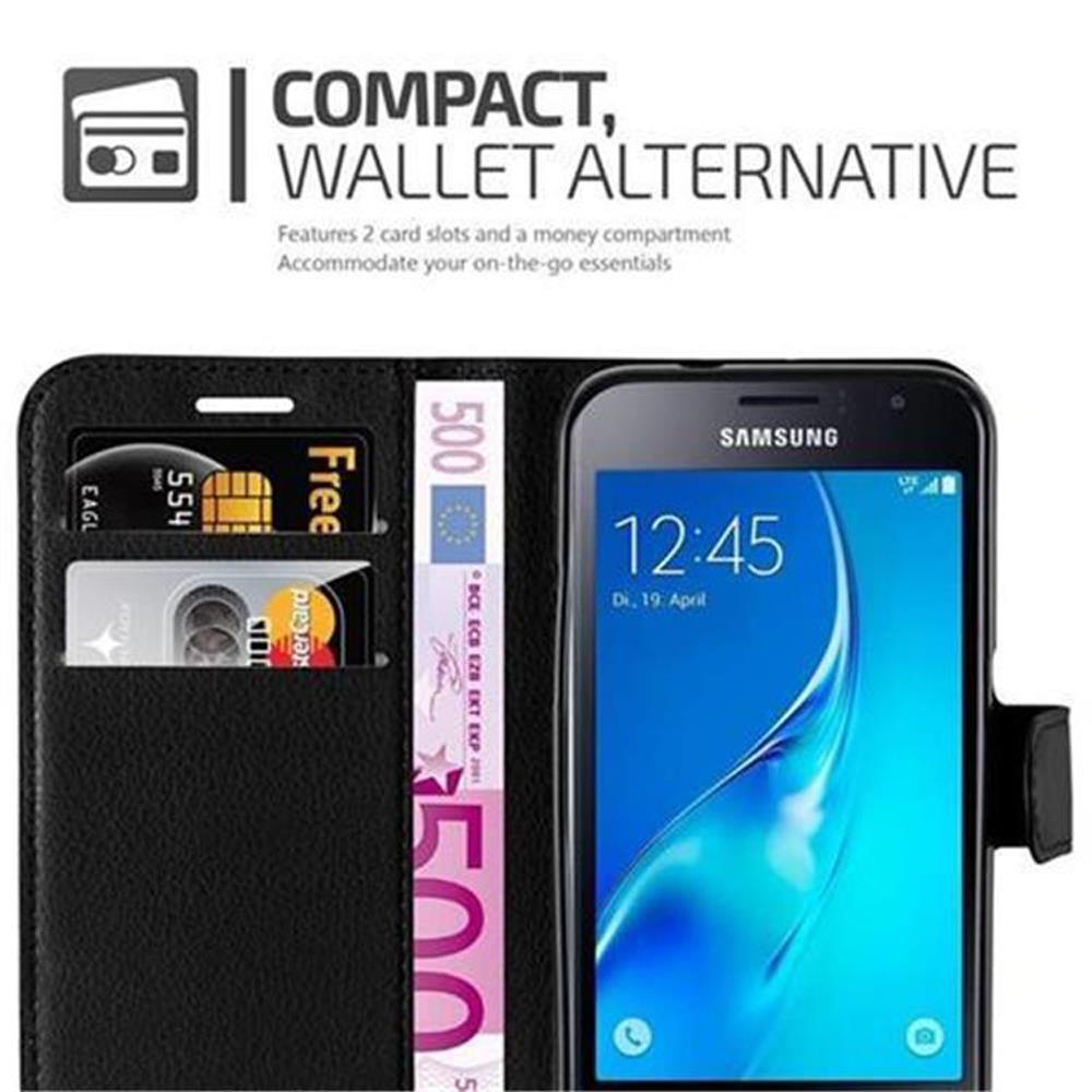 Eine schwarze Handyhülle mit einem Telefon und Kreditkarten. Das Telefon zeigt die Uhrzeit an. Der Text lautet: Kompakte Geldbörsenalternative.