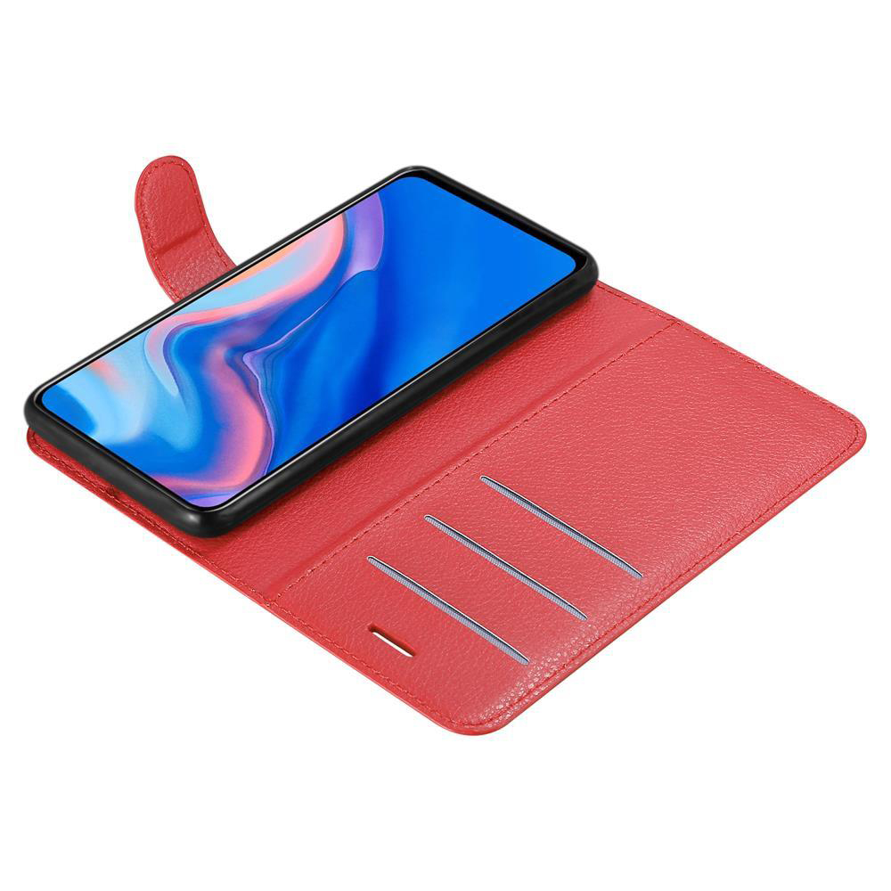 Custodia per telefono rossa aperta, con un telefono all'interno. Il telefono ha uno schermo blu ed è nero.