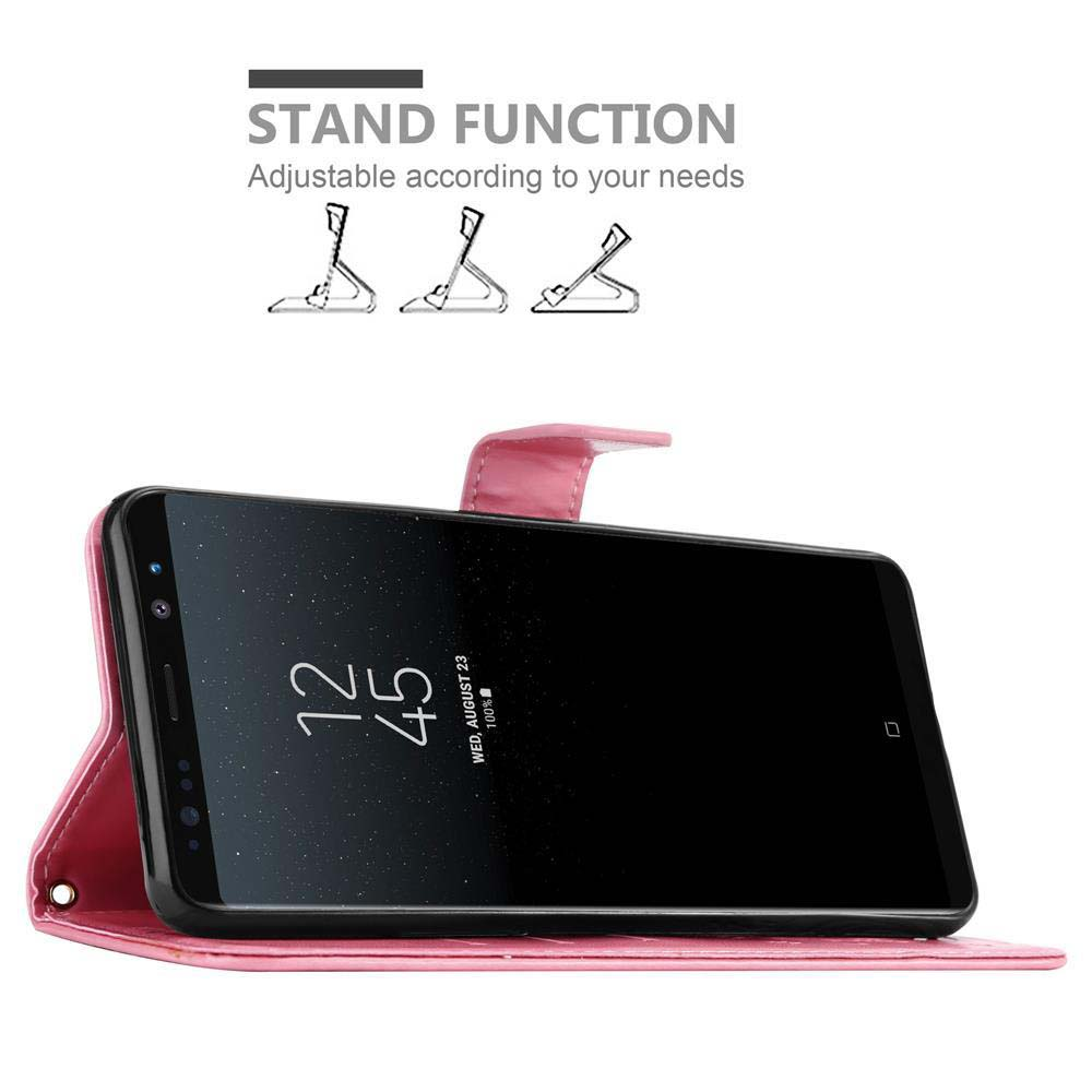 Custodia rosa per telefono con telefono aperto. L'ora sullo schermo è 12:45. Testo Stand Function in alto.