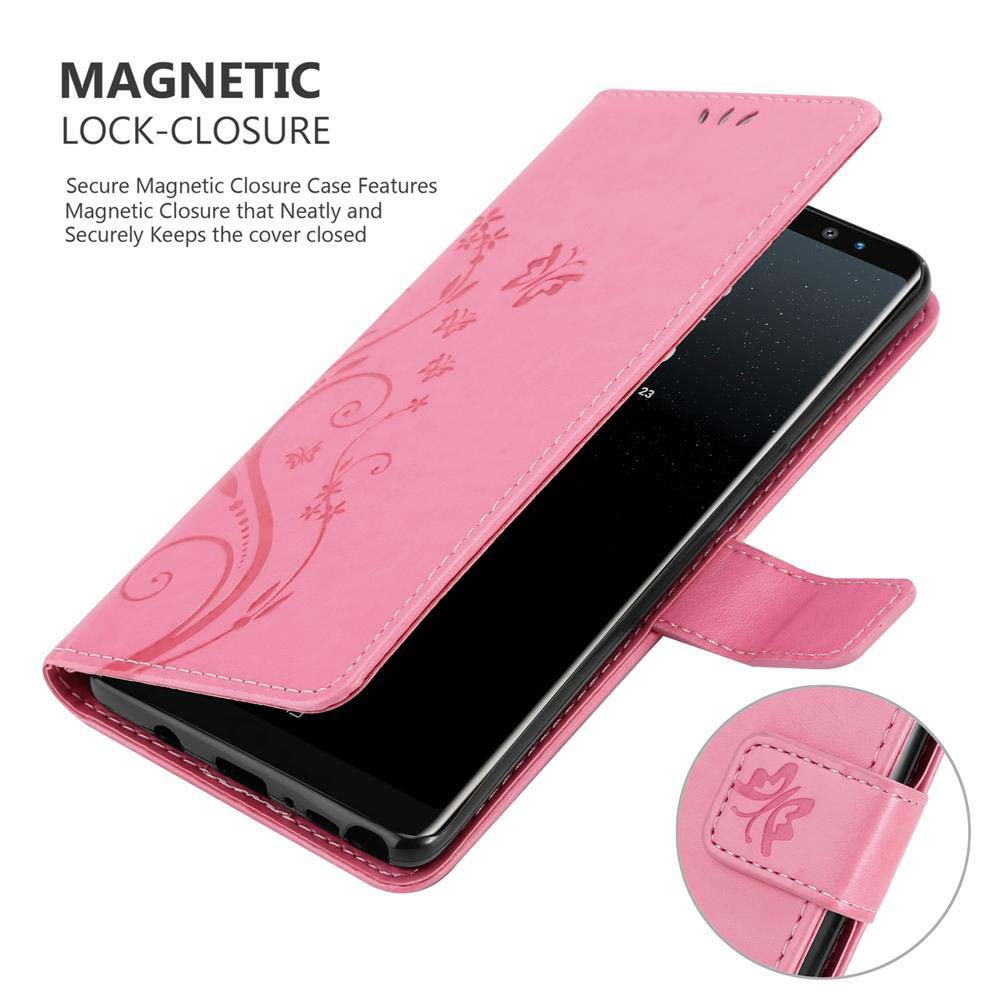 Custodia a portafoglio rosa per telefono, aperta. Mostra motivo, telefono e chiusura magnetica. Sfondo bianco.