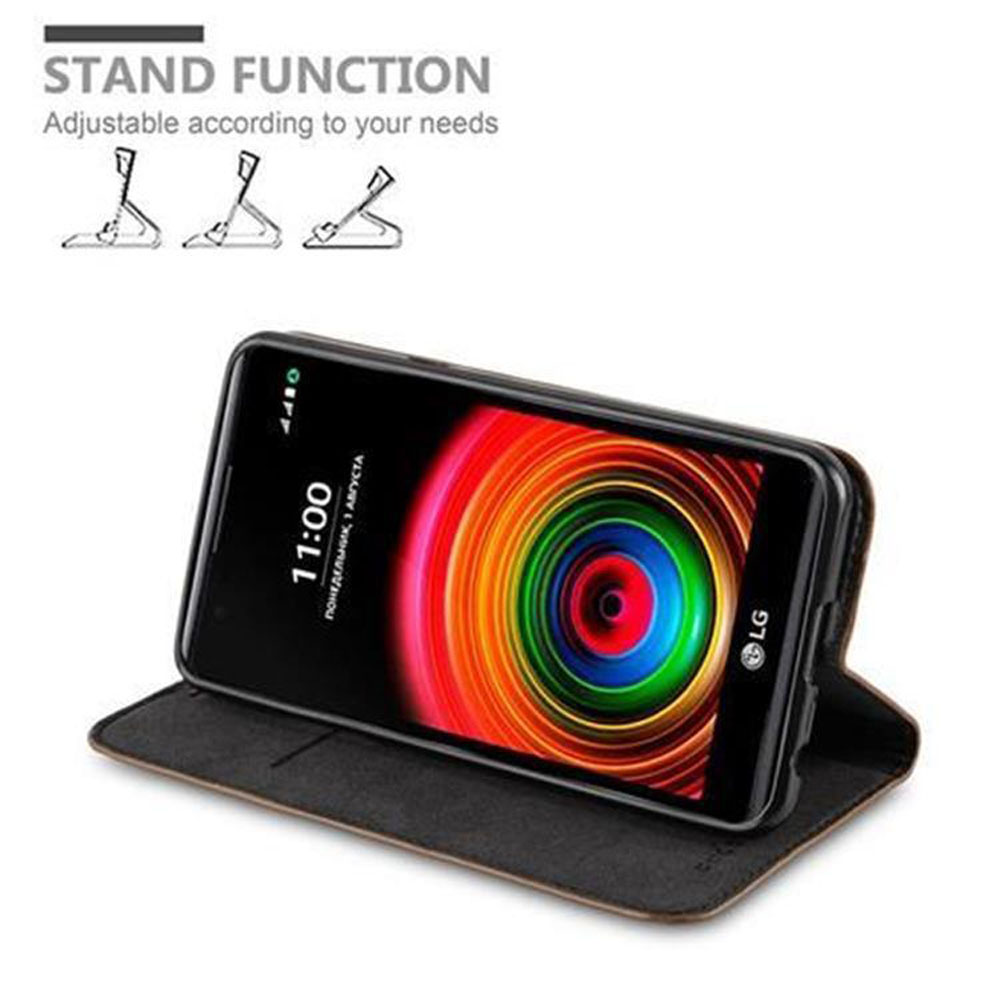Telefono in una custodia, in modalità stand, che mostra uno schermo colorato. Mostra 'funzione stand'.