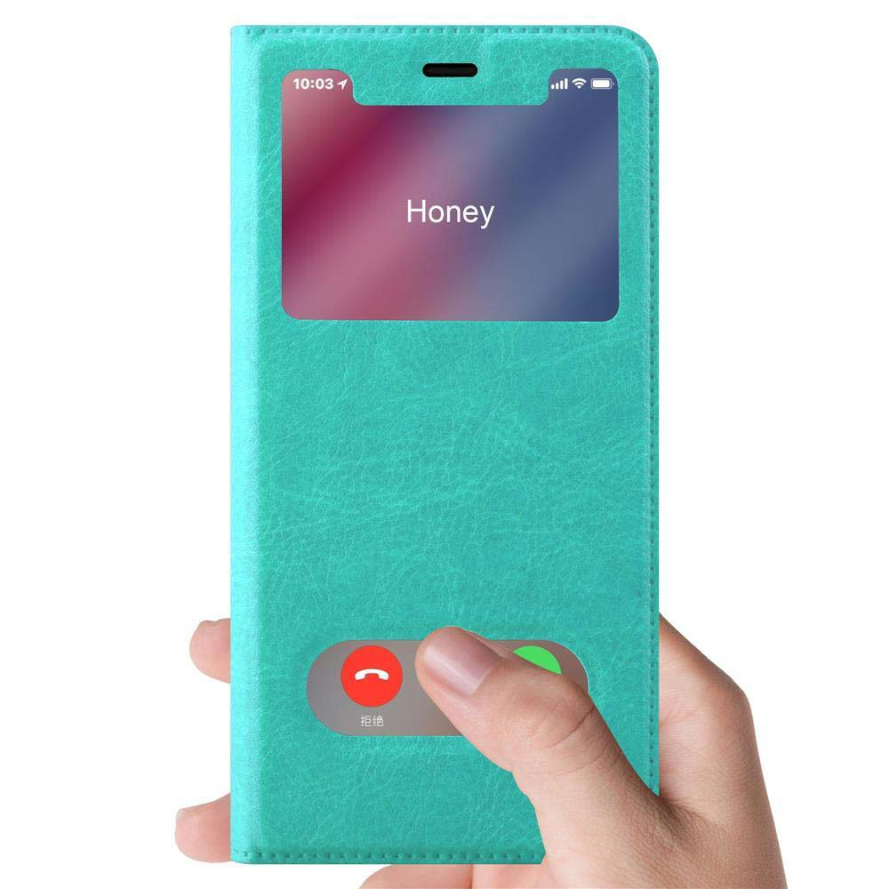 Una custodia turchese per telefono con un telefono all'interno. Lo schermo mostra un'interfaccia di chiamata con 'Honey'.