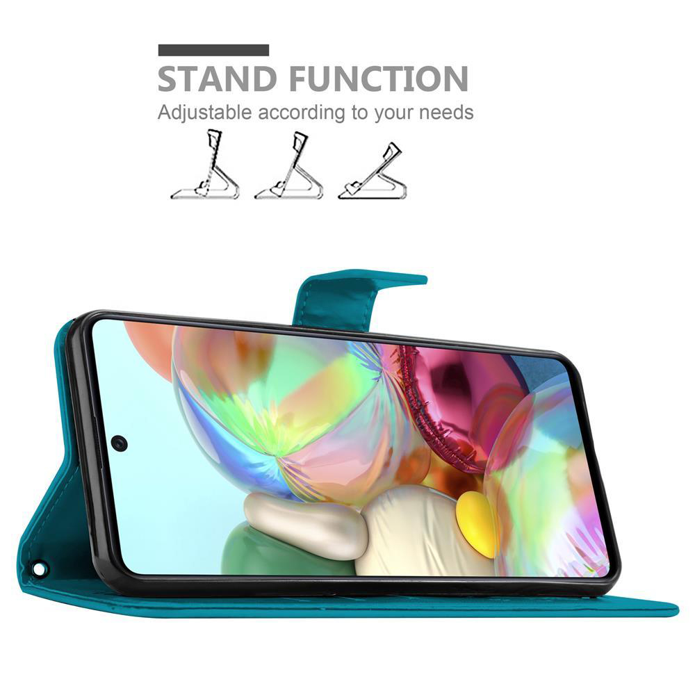 Un telefono all'interno di una custodia blu, con funzione di supporto. Testo: Funzione supporto, con tre illustrazioni di supporto.