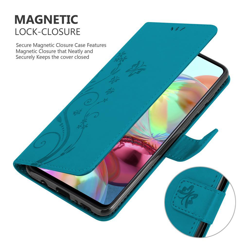 Custodia per telefono verde acqua con un telefono all'interno. Ha una chiusura a scatto magnetica e un design floreale. Anche 'Magnetic Lock-Closure'.