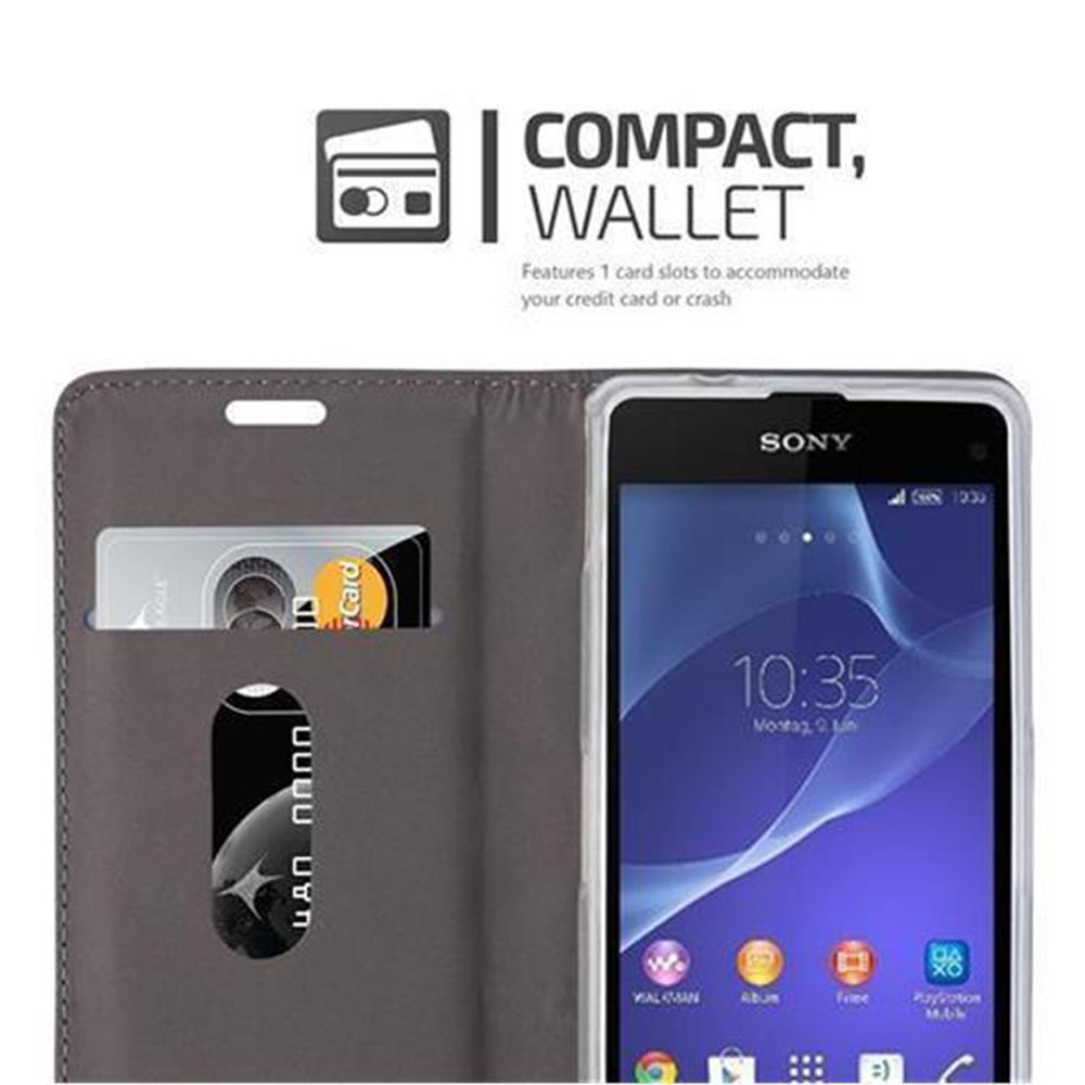 Una custodia per telefono compatta in stile portafoglio. È dotata di uno slot per schede e contiene un telefono Sony.