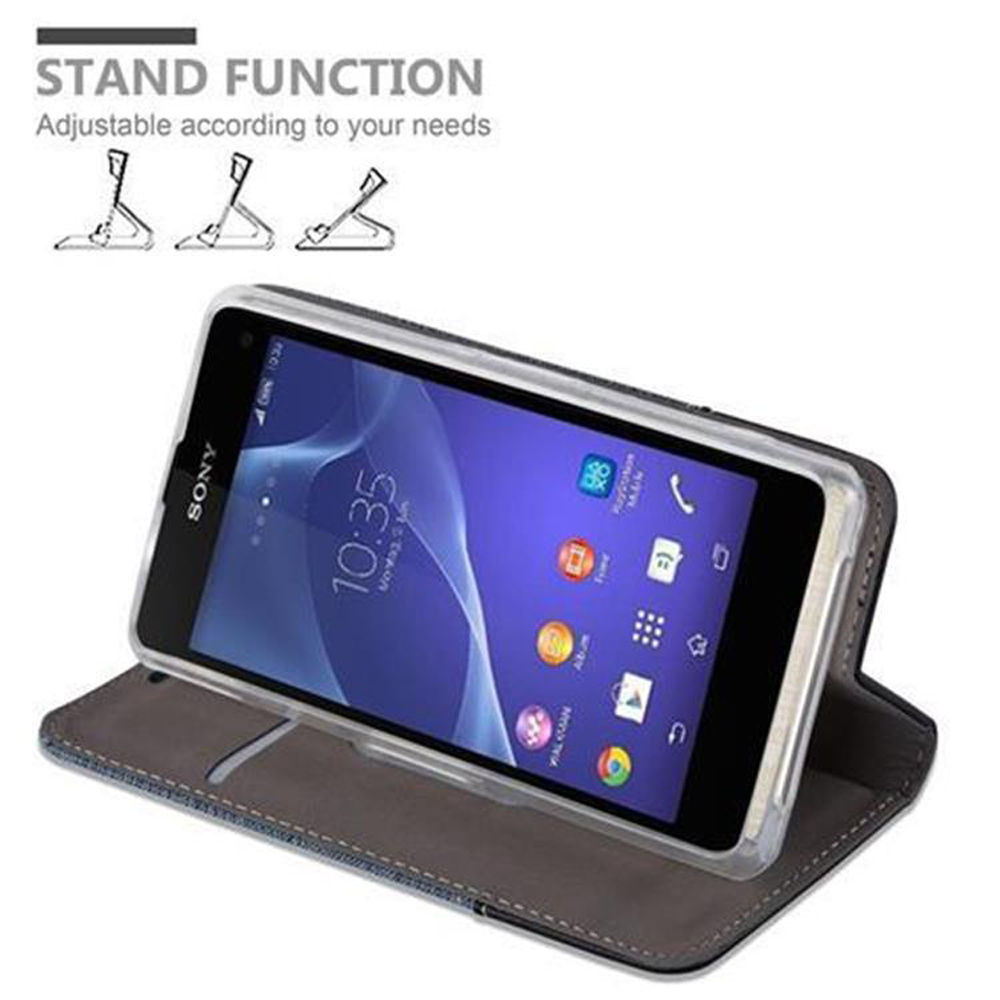 Telefono in una custodia, aperto, puntellato. Testo: Funzione supporto, regolabile in base alle tue esigenze.