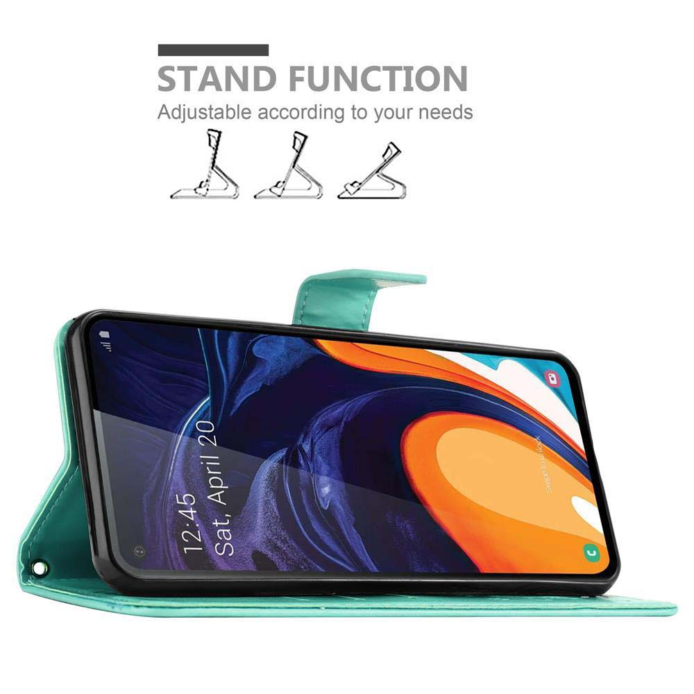Custodia per telefono verde acqua con telefono, con funzione di supporto. Il telefono mostra l'ora: 12:45 del 20 aprile.