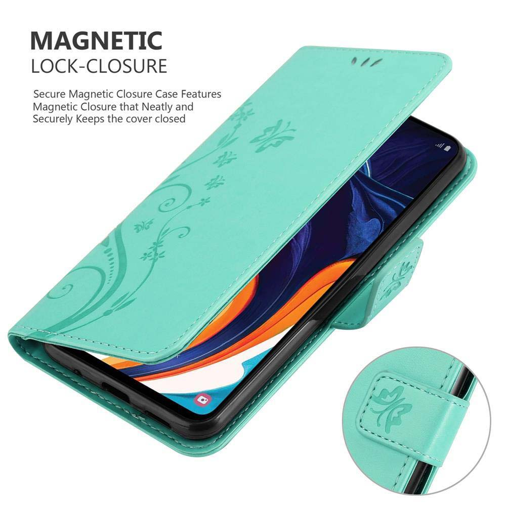 Custodia per telefono turchese con design floreale, aperta per rivelare il telefono. Testo: CHIUSURA MAGNETICA e caratteristiche.
