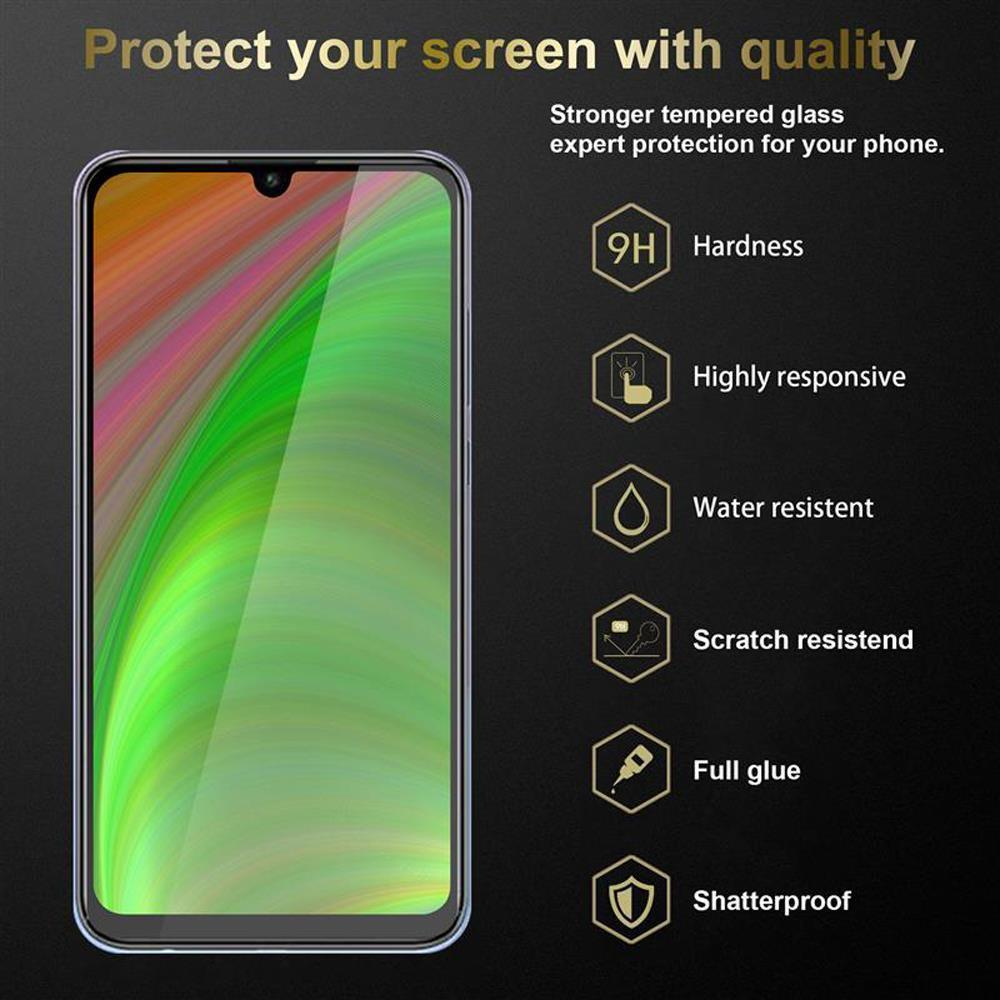 Uno schermo del telefono con un motivo colorato. Il testo che descrive caratteristiche come durezza e resistenza all'acqua è a destra.