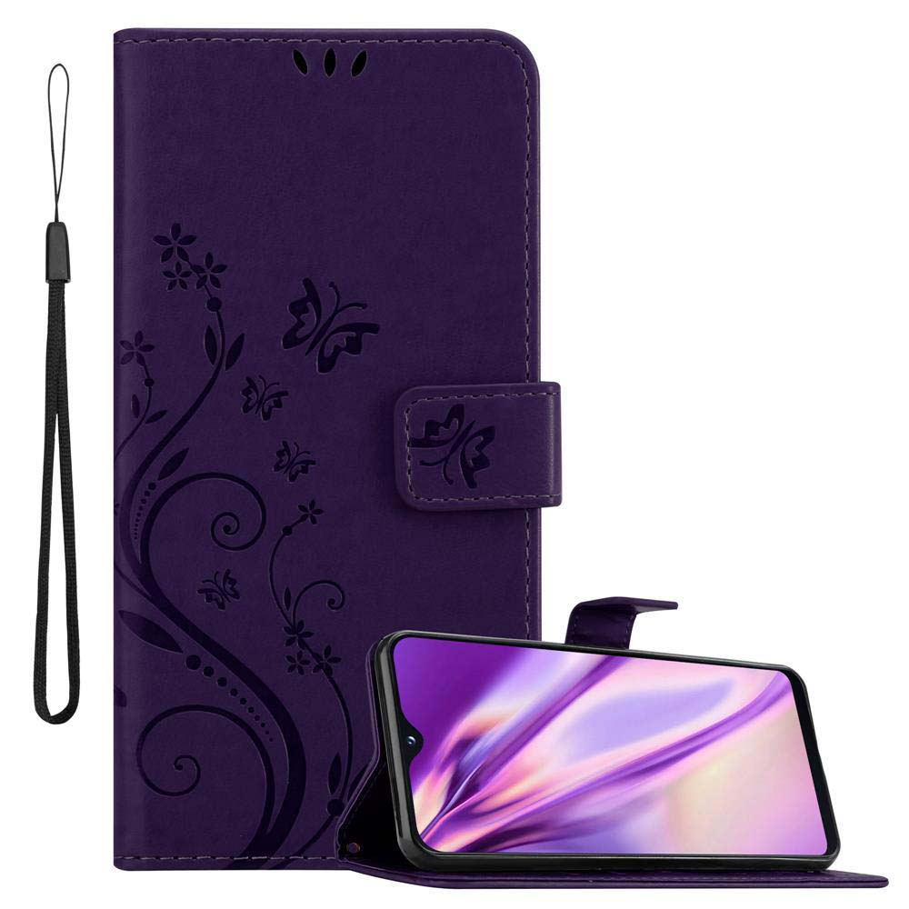 Custodia per telefono viola con telefono all'interno. La custodia ha un design a farfalla e un cinturino da polso.
