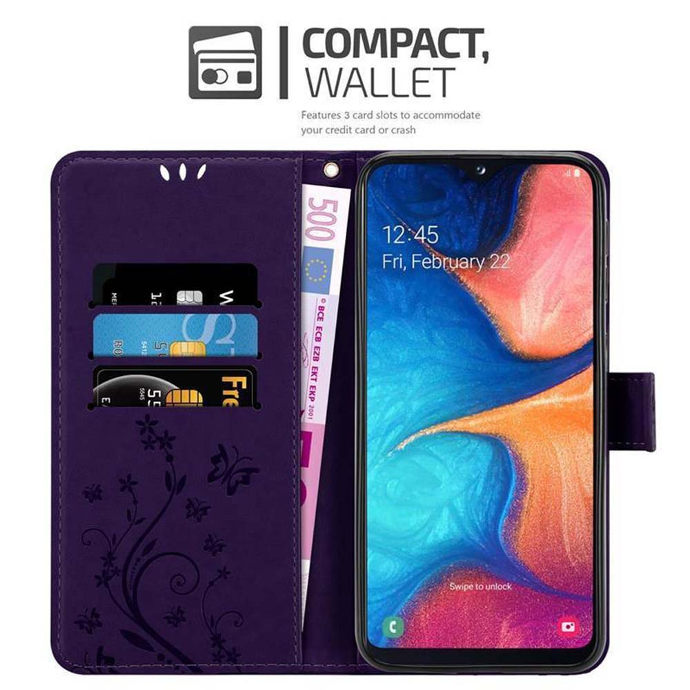 Custodia a portafoglio viola, aperta. Mostra telefono, carte di credito e una banconota da 500 euro.