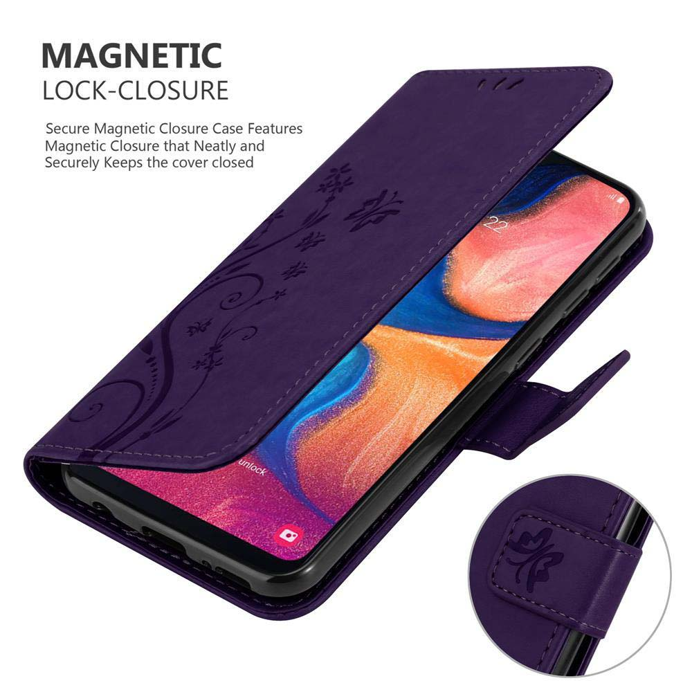 Custodia per telefono viola con telefono all'interno. Ha una chiusura magnetica.