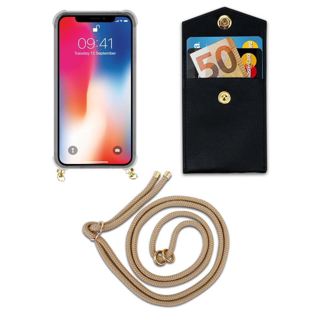 Telefono in una custodia trasparente con un cordino. Viene mostrato anche un portafoglio nero. Il portafoglio contiene contanti.
