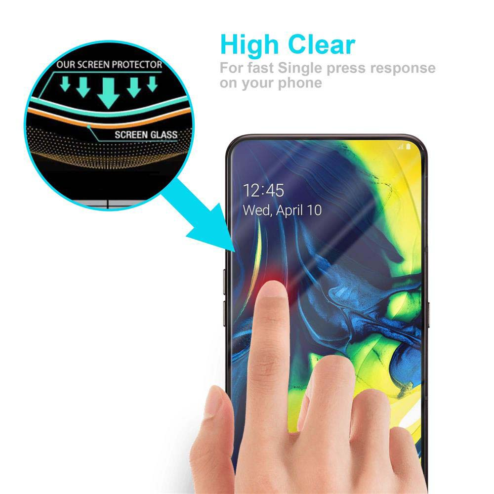 Dito che tocca lo schermo del telefono con testo 'High Clear'. Il telefono mostra ora e data.