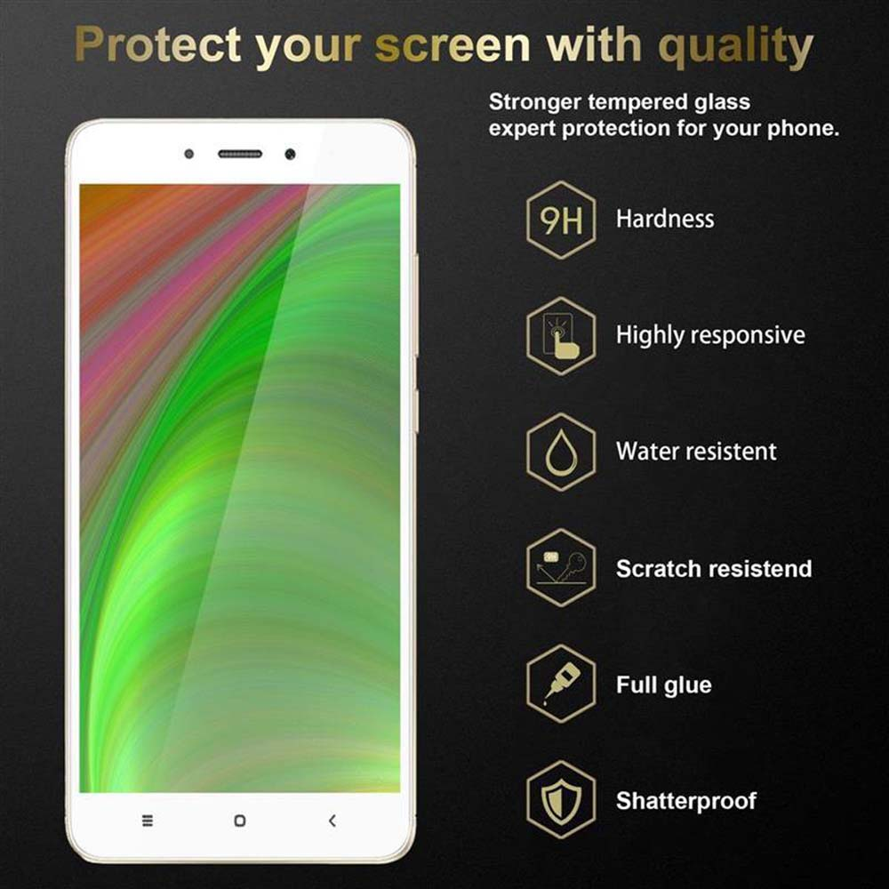 Un telefono con protezione schermo. Le caratteristiche includono durezza, reattività, resistenza all'acqua e protezione infrangibile.