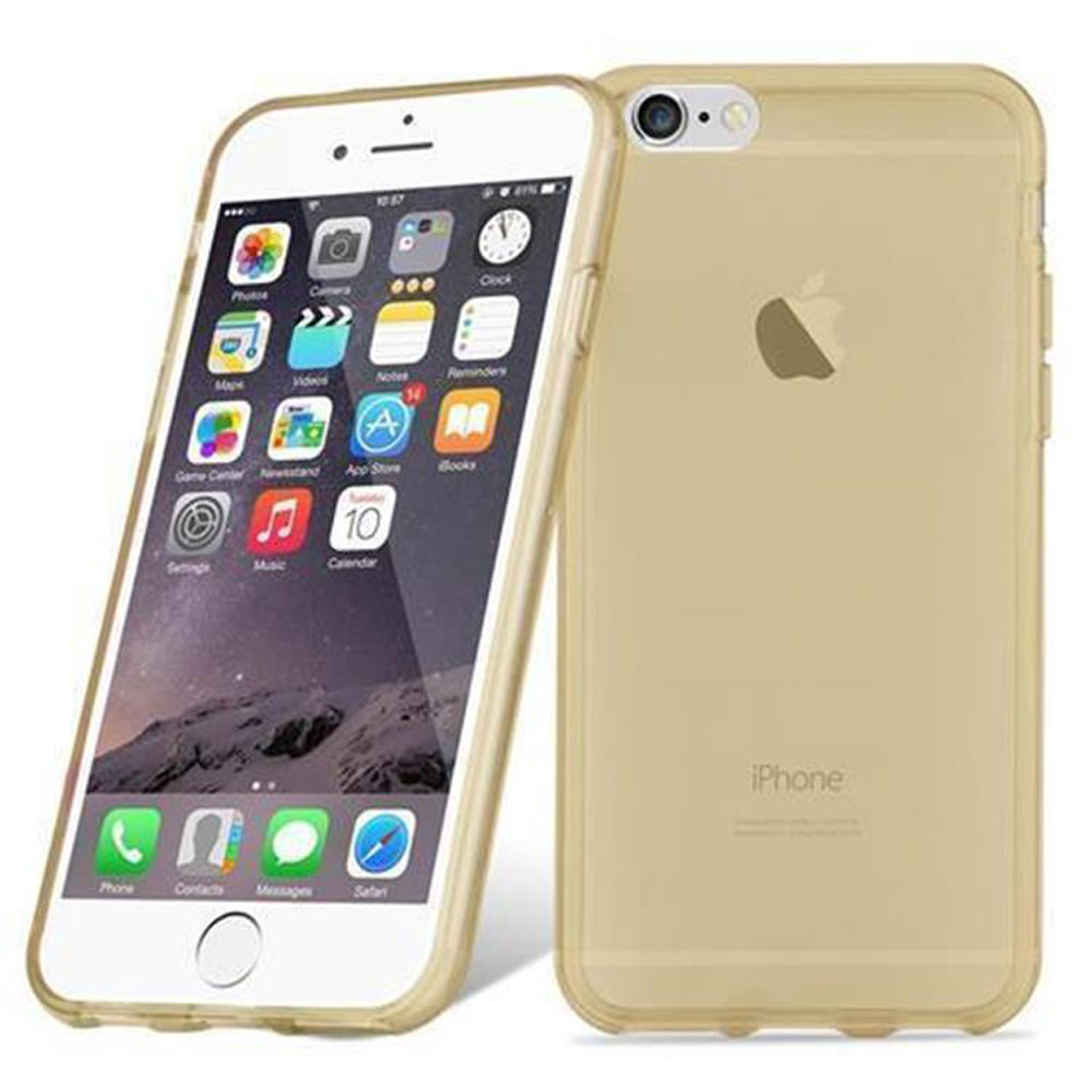 Zwei goldene iPhone-Hüllen, eine mit einem iPhone. Zeigt das Telefon mit Apps und die Rückseite mit dem Apple-Logo.